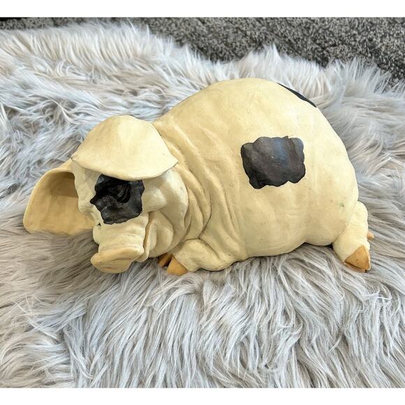 12” Reclining Pig Figurine. Farm Decor. Black & White Pig. Piglet. Hog‎ Decor